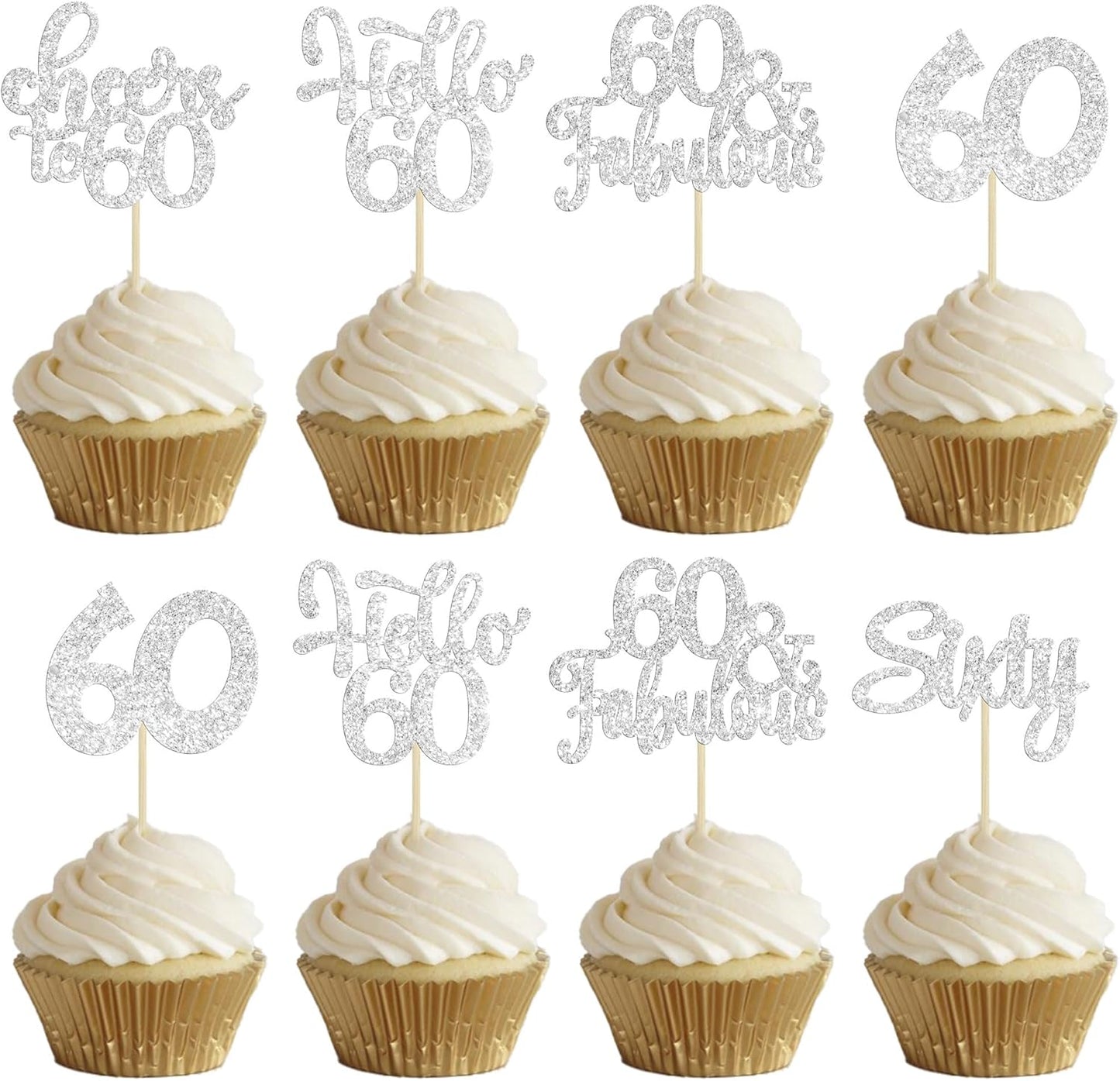 30Pcs Happy 60th Birthday Cupcake Toppers Silver Glitter Sixty Cake Toppers Cheers to 60 Years Old Birthday Cupcake Picks for 60th Birthday Anniversary Party Cake Decorations Supplies