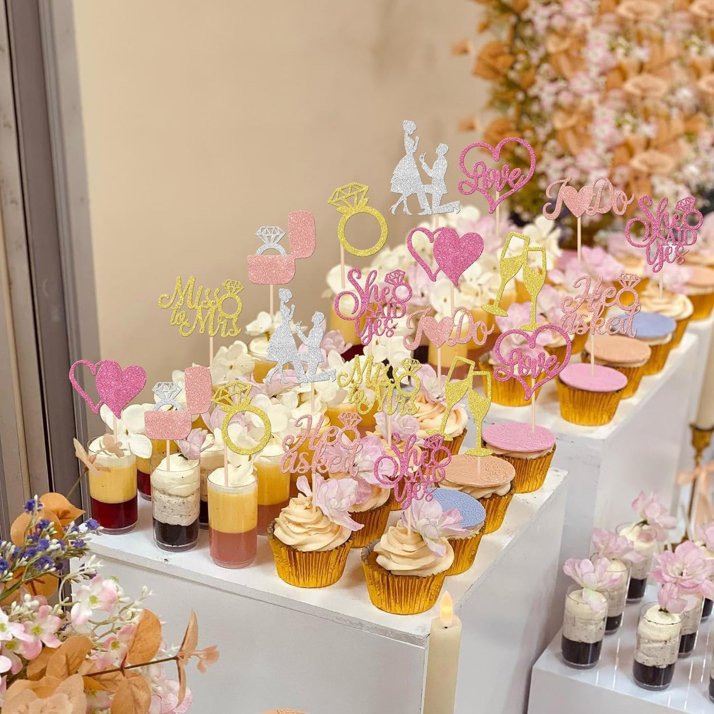 30 PCS He Asked She Said Yes Cupcake Toppers Glitter Miss to Mrs I Do Love Heart Ring Cupcake Picks Wedding Engagement Cake Decorations for Wedding Engagement Bridal Shower Party Supplies Colorful