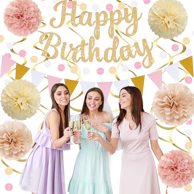 Gold Birthday Decorations, Happy Birthday Banner and Paper Pompoms, Hanging Swirls, Circle Dots Garland, Pennant Flags for Girls Women Party Decorations