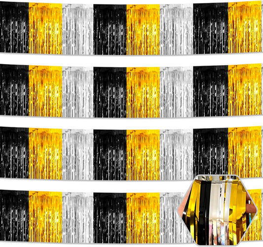 4 Pack 10 Feet Black Gold Silver Foil Fringe Garland Metallic Tinsel Streamers Banner Wall Hanging Curtain Backdrop for Parade Floats, Wedding, Graduate, Mother's Day, Birthday Party Decoration