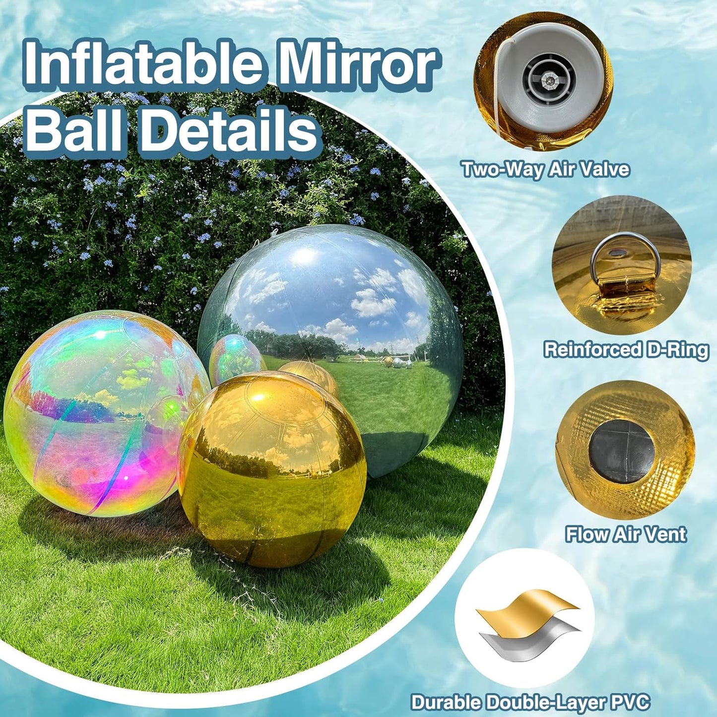 Inflatable Mirror Ball, Silver Big Shinny Balls Reusable Large PVC Disco Ball Balloon for Large Event Decoration, Party, Wedding Decor, Concerts, Stage (1 Pcs, 1m/39.4in Without Air Pump)