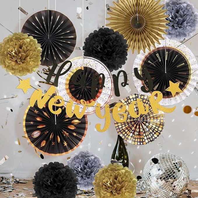 SUNBEAUTY New Years Eve Party Supplies 2026, Happy New Year Decorations Black Gold Hanging Paper Fans Tissue Pom Poms Happy New Year Banner for 2026 New Year Party Favor Supplies Decorations