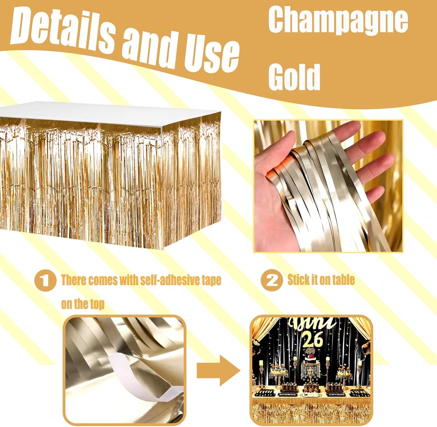 4 Pack 29x108 Inch Metallic Foil Fringe Tinsel Table Skirts for Rectangle Tables Streamer Curtains Backdrop for Christmas, Birthday, Parade Floats, Halloween Party Supplies(Champagne Gold)