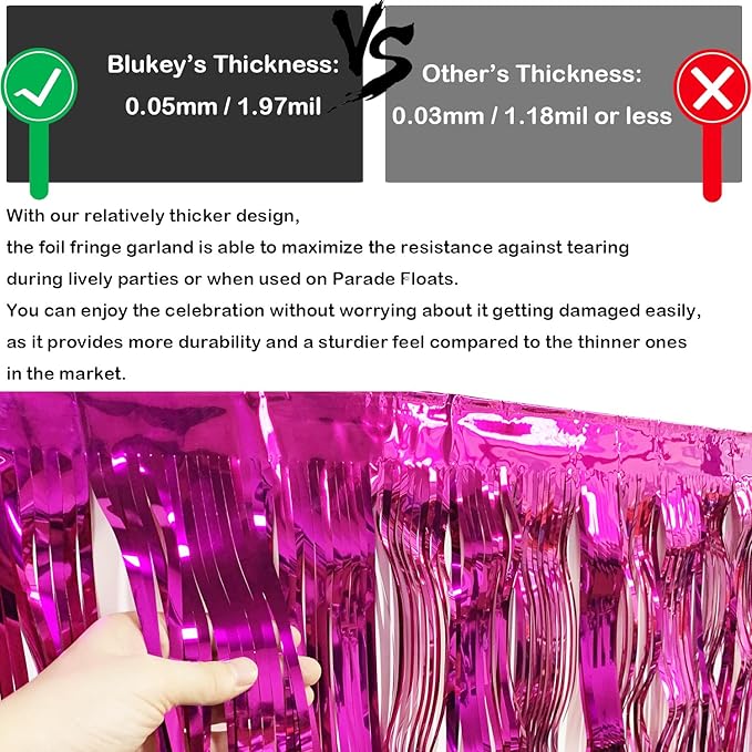 Thick 10 feet by 15 inches Fuchsia Foil Fringe Garland - Pack of 3 | Shiny Metallic Tassle Banner for Car Parade Floats, Wedding, Birthday | Wall Hanging Fringe Garland Banner (Fuchsia)