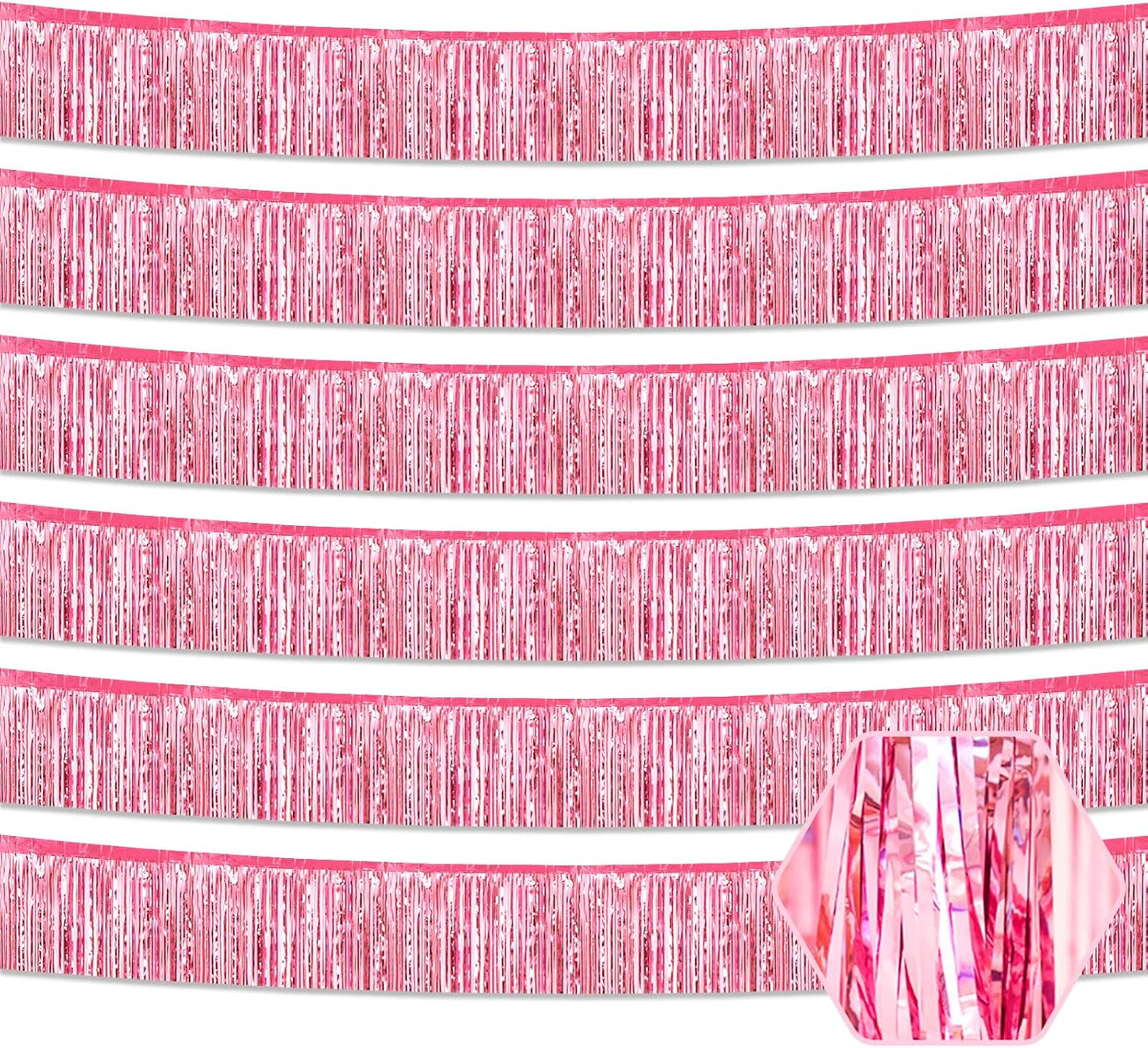 6 Pack 10 Feet Pink Foil Fringe Garland Metallic Tinsel Streamers Banner Wall Hanging Curtain Backdrop for Parade Floats, Birthday, Graduate, Mother's Day, Wedding Party Decoration