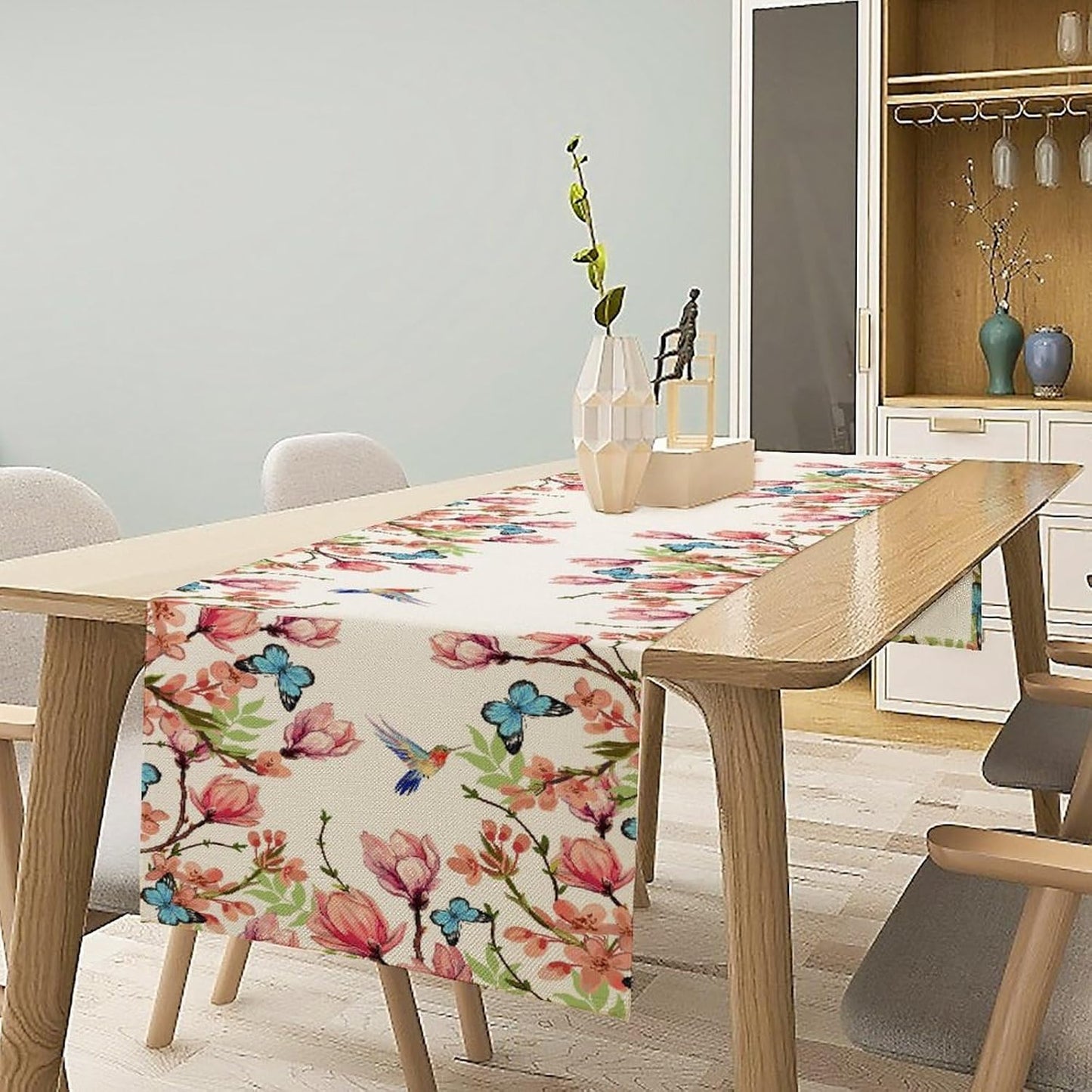 Flowers Table Runner,Floral Bird Butterfly Spring Table Cloth Kitchen Dining Table Home Party Decoration 13x60 Inch