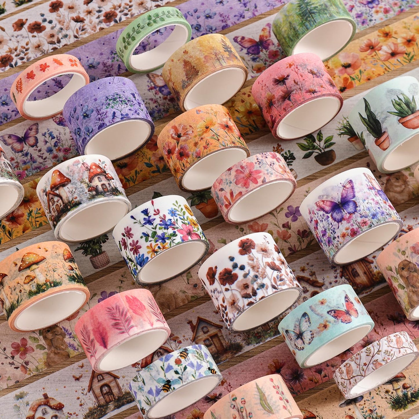 27 Rolls Vintage Washi Tape Set, Floral Butterfly Forest Mushroom Botanical Flower Writable Decorative Tapes for Scrapbooking, Junk Journal Supplies, Bullet Journaling 9.84ft Long/Roll