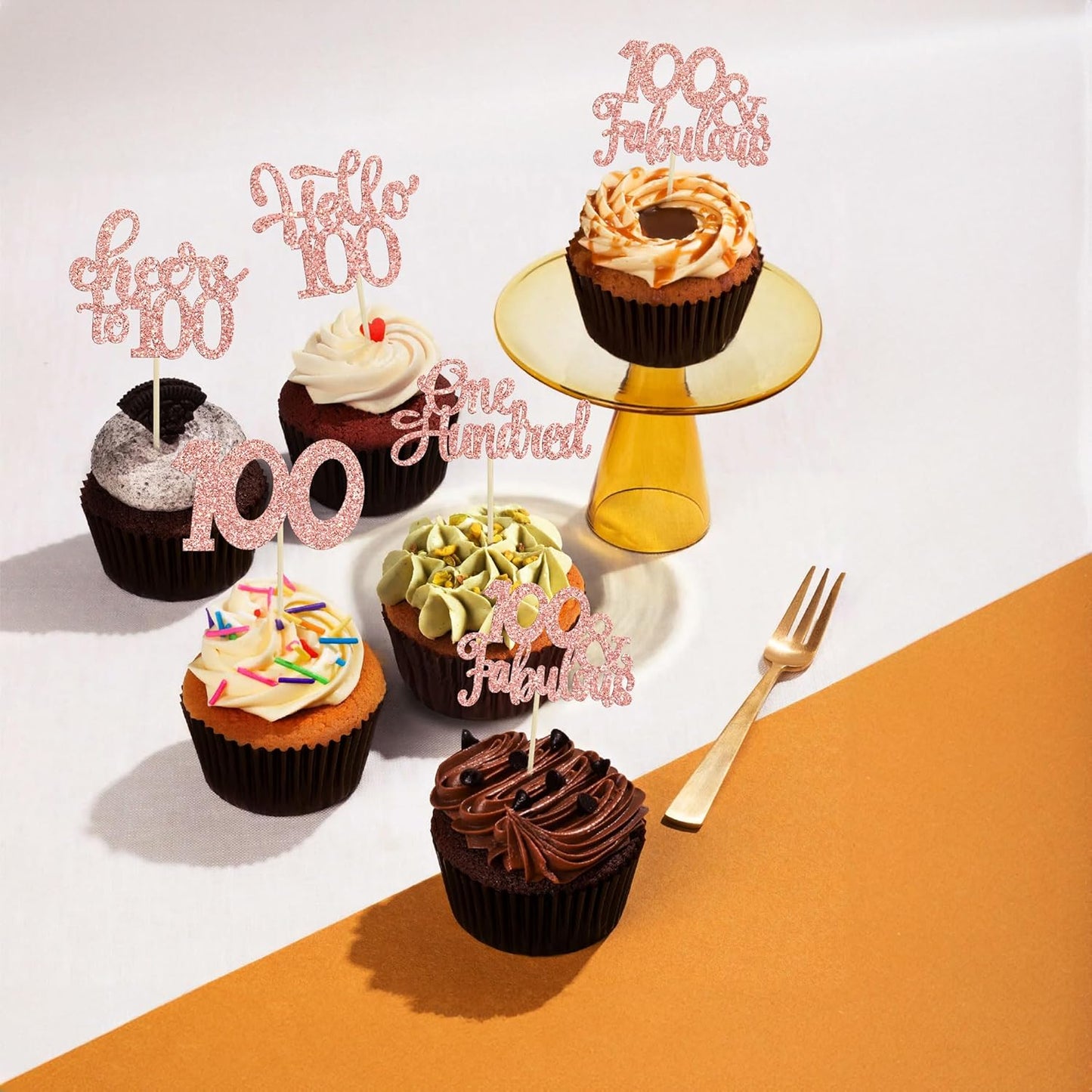 30pcs Happy 100th Birthday Cupcake Toppers - Rose Gold Glitter One Hundred Cheers to 100 Years Old Cupcake Picks for Anniversary Party Cake Decorations
