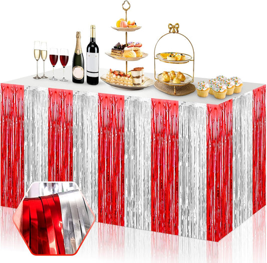 3 Pack 29x108 Inch Red Silver Foil Fringe Table Skirts Metallic Banner for Tinsel Streamer Garland Backdrop for Parade Floats Wedding Thanksgiving Birthday Christmas Halloween Party Decoration