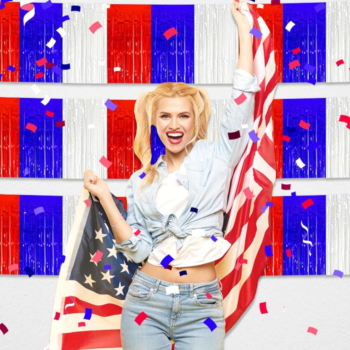 6 Pack 10 Feet White Blue Red Foil Fringe Garland Metallic Tinsel Streamers Banner Wall Hanging Curtain Backdrop for Parade Floats, Birthday, Graduate, Mother's Day, Wedding Party Decoration