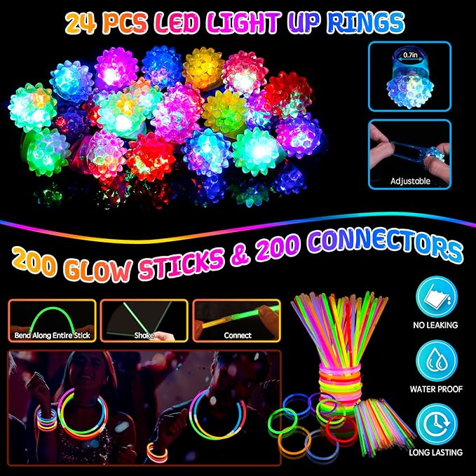 yuzshin 272PCS Glow in the Dark Party Supplies, Glow Sticks Bulk Party Pack, 24PCS Foam Glow Sticks, LED Glasses, LED Light Up Rings and 200PCS Glow Stick for Neon Party Decorations, Wedding