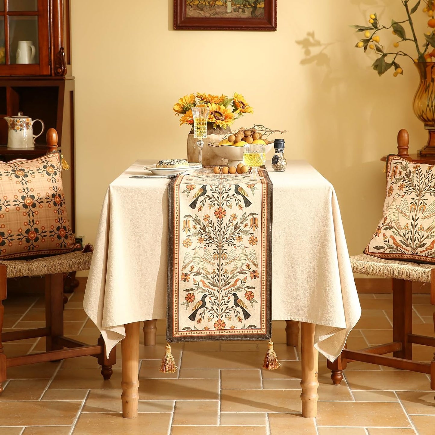 Decorative Linen Small Table Runner 63 Inches Long,Floral Rustic Runner for Table Decor Tabletop Cheesecloth Table Runners for Kitchen,Dining,Party,Home,Christmas,12"*63"