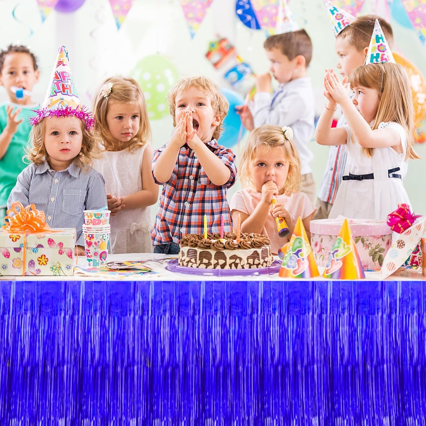 4 Pack Metallic Foil Fringe Tinsel Table Skirts,29x108 Inch Party Disposable Table Skirt Banner for Hotel Banquet Parade Floats Mardi Gras Holiday Birthday Wedding New Year Party Decoration(Blue)