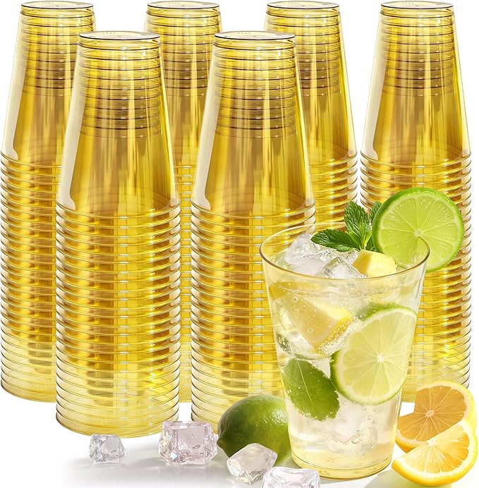 200 Pack Plastic Cups Disposable 12 oz Gold Clear Plastic Cup for Cocktail Party Cups, Drinking Cups for Birthdays, Weddings, Christmas,Graduation,Thanksgiving