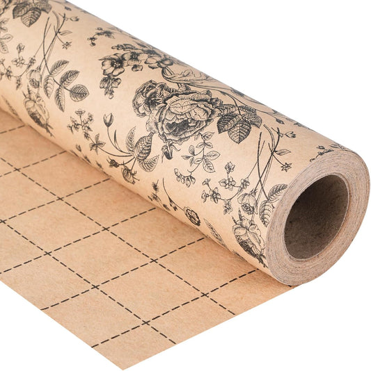 Ulmasinn Kraft Floral Wrapping Paper Roll - 17 Inches x 33 Feet - Vintage Black Floral Design with Cut Lines for Upscale Gifts, Birthday, Bridal Shower, Wedding, Mother’s Day, Valentine's Day