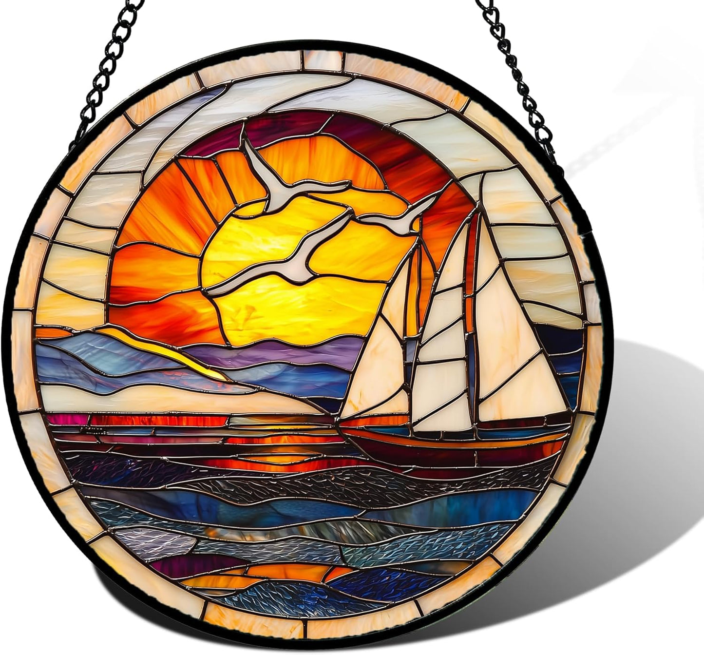 Stained Glass Window Hanging, Sun Ocean Sailboat Seagull Abstract Suncatcher Diamond Glass Panel Sun Catchers Decor for Birthday for Women, Men, Wife, Aunt, and Mom 6.3 in