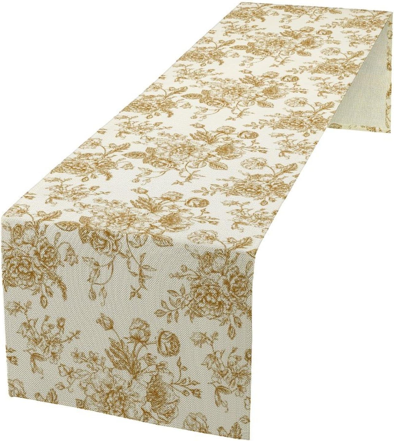 Retro Floral Table Runner, Golden White Wildfloral Sketch Print Kitchen Dinning Table Runner for Indoor Outdoor Home Wedding Party Holiday, 13x90 Inch