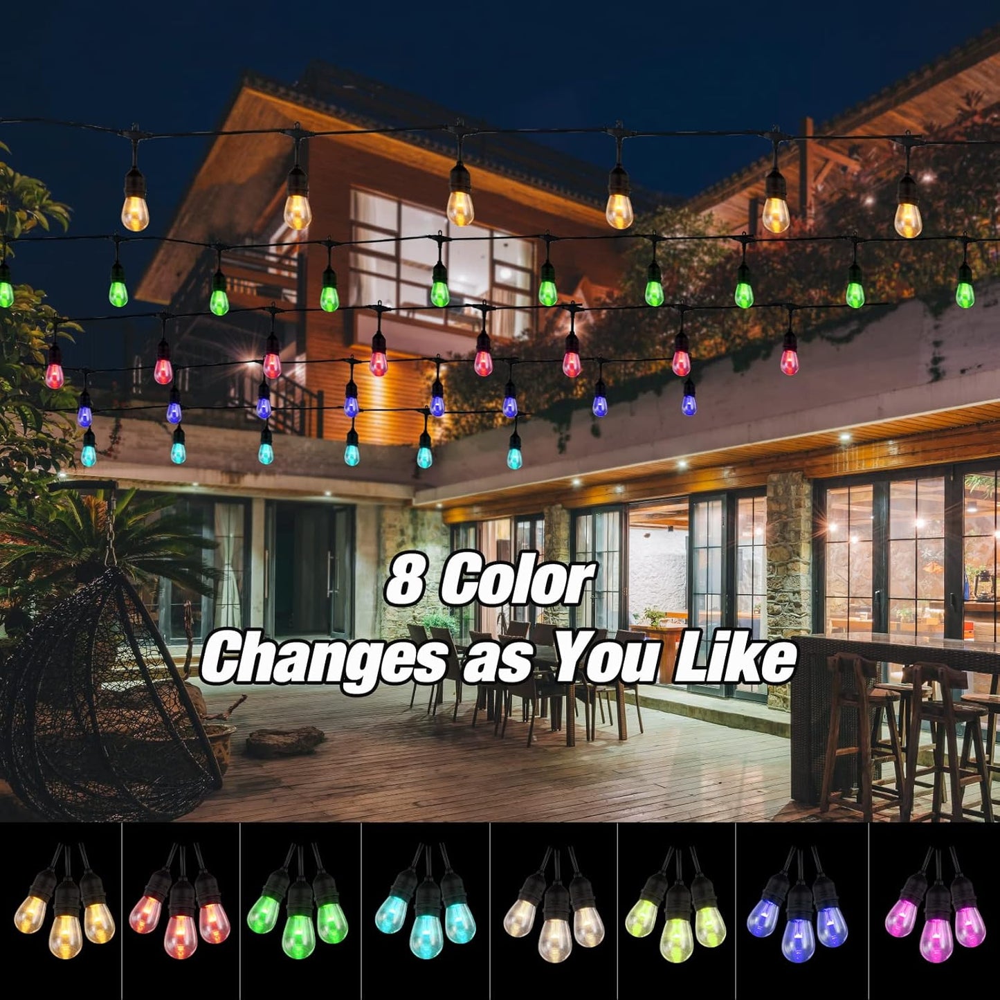 96FT Solar Outdoor String Lights, 30 Shatterproof Edison LED Bulbs, Dimmable RGB Color Changing Patio Lights Waterproof with Remote. for Patio Decor, Garden, Yard,Commercial Use.