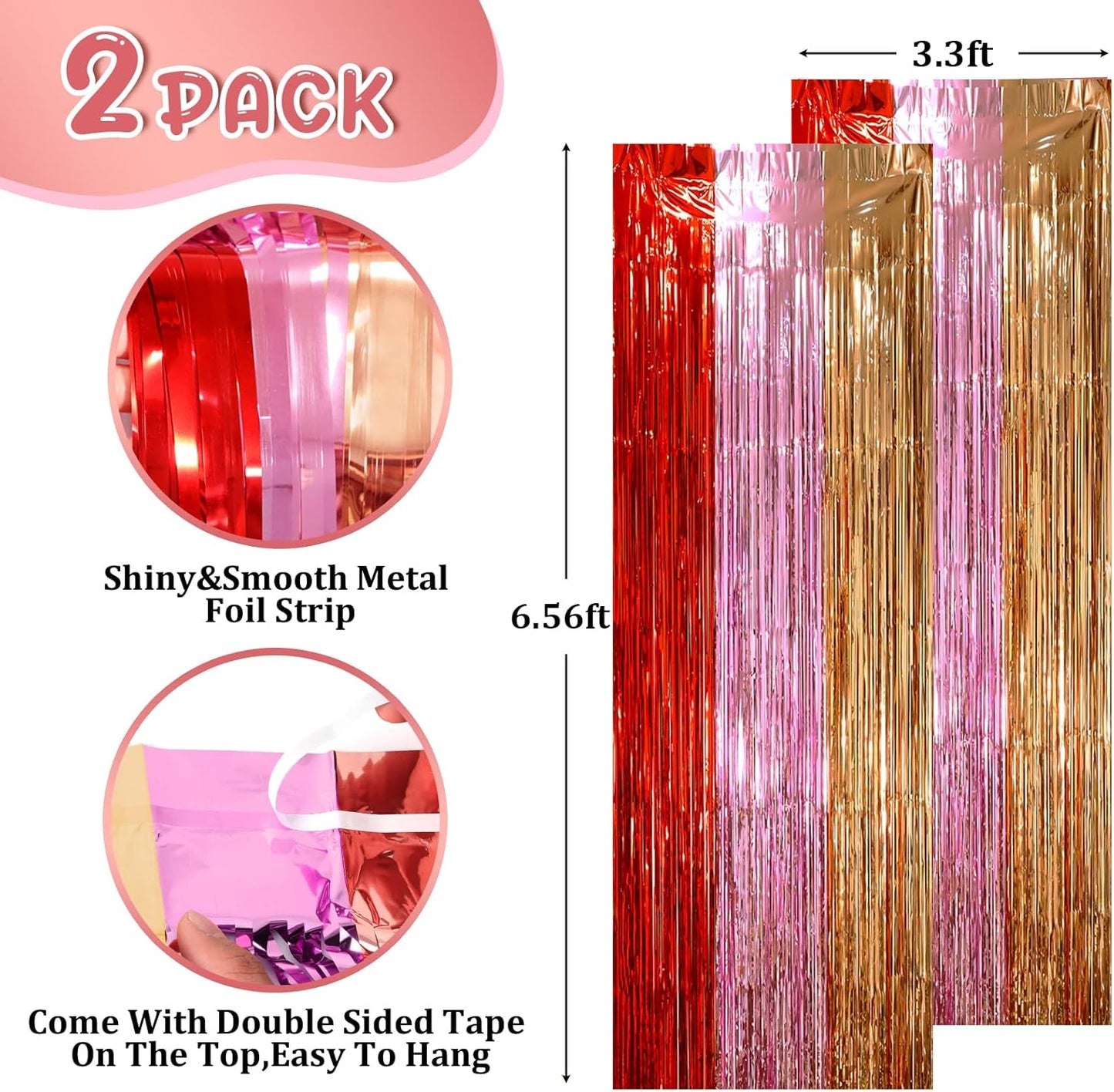 2 Pack Valentine Foil Fringe Backdrop Curtains, Tinsel Streamers Party Decorations, Fringe Backdrop, Door Shimmer for Valentine or Birthday Party