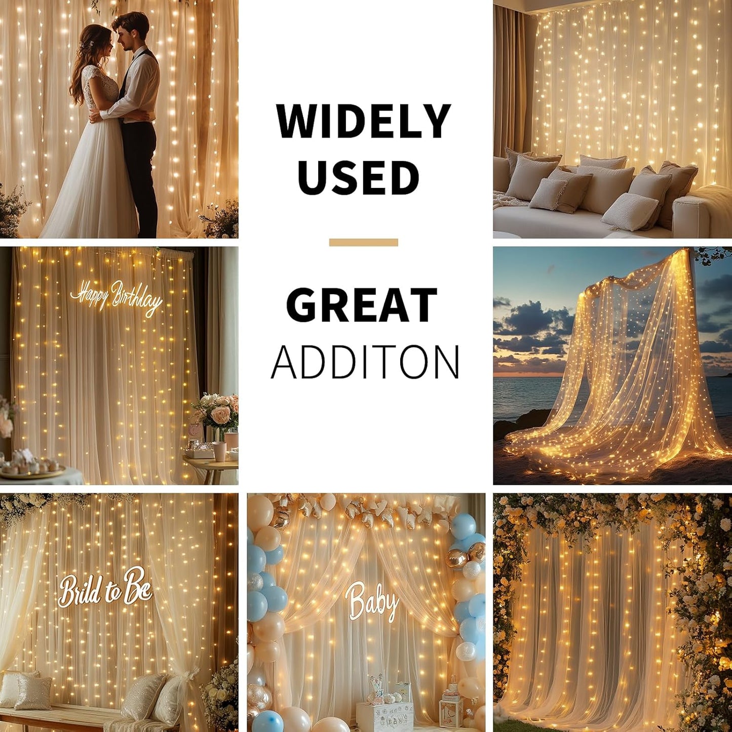 Champagne Tulle Backdrop Curtain with Lights String - 10x10ft Sheer Backdrop with 300 LEDs for Wedding, Baby Shower, Bridal Shower, Birthday Party Photo Shoot Background and Home Decorations
