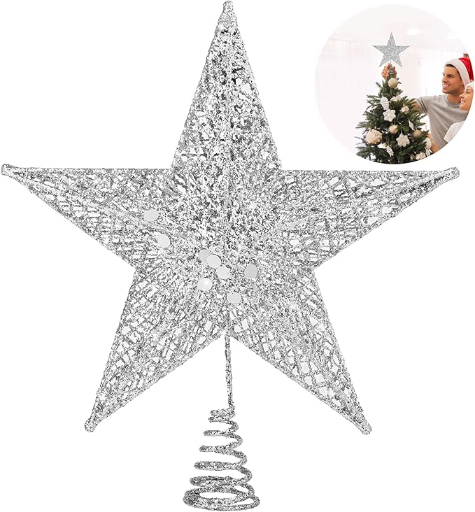 Fovths Christmas Tree Topper 6 Inches Metal Glittered Christmas Tree Topper Wire Star Treetop Sparkle Xmas Decoration for Christmas Tree Ornament Indoor New Year Holiday Party Supplies (Silver)
