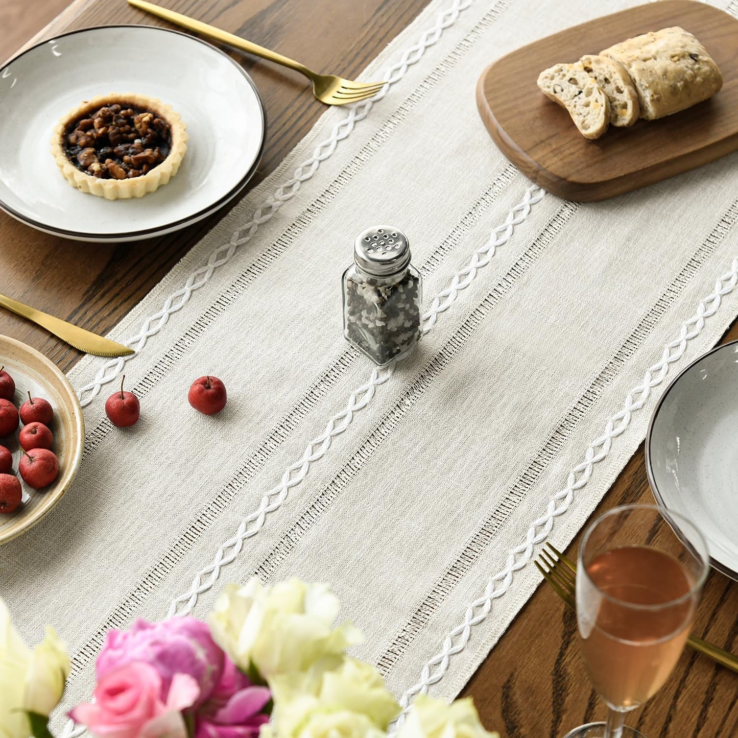 Artoid Mode Beige Rustic Cotton Linen Table Runner, Seasonal Embroidered Hollow Kitchen Dining Table Decoration for Home Party Decor 13x60 Inch