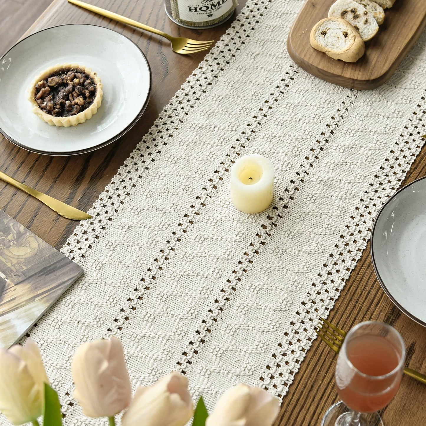 Artoid Mode Beige Farmhouse Woven Rustic Hollow Table Runner, Seasonal Holiday Hollow Kitchen Dining Table Decoration for Home Party Decor 12x48 Inch