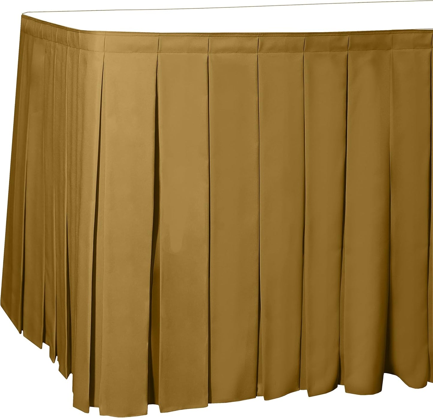 Ultimate Textile Pleat Polyester Fabric Table Skirt - Machine Washable Flame Resistant with Clips for Events, Weddings & Trade Shows, Cut & Sewn in Paterson, NJ - Gold, 14' Box Pleat