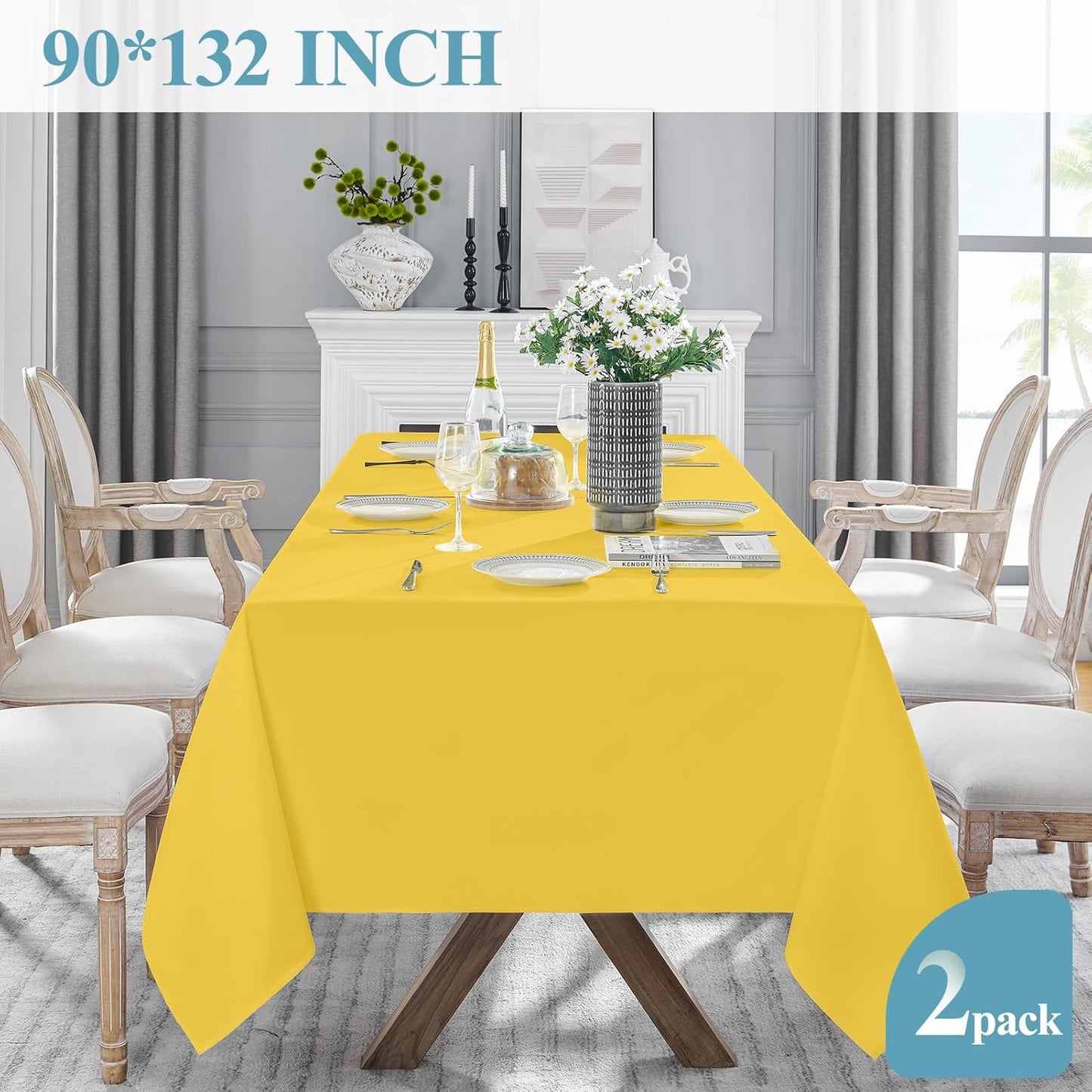 VidaFete Tablecloth 2 Pack 90 * 132inch Rectangle Table Cloth Polyester, Stain Wrinkle Resistant Polyester Dining Table Cover for Kitchen Dinning Party Wedding Rectangular Buffet Decoration(Yellow)