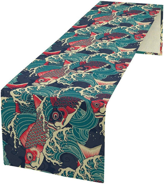 Kio Fish Table Runner Waves Japanese Tradition Art Printed Burlap Runner Home Kitchen Dining Table Living Room Decor Fabric 1 Panel W13xL90in