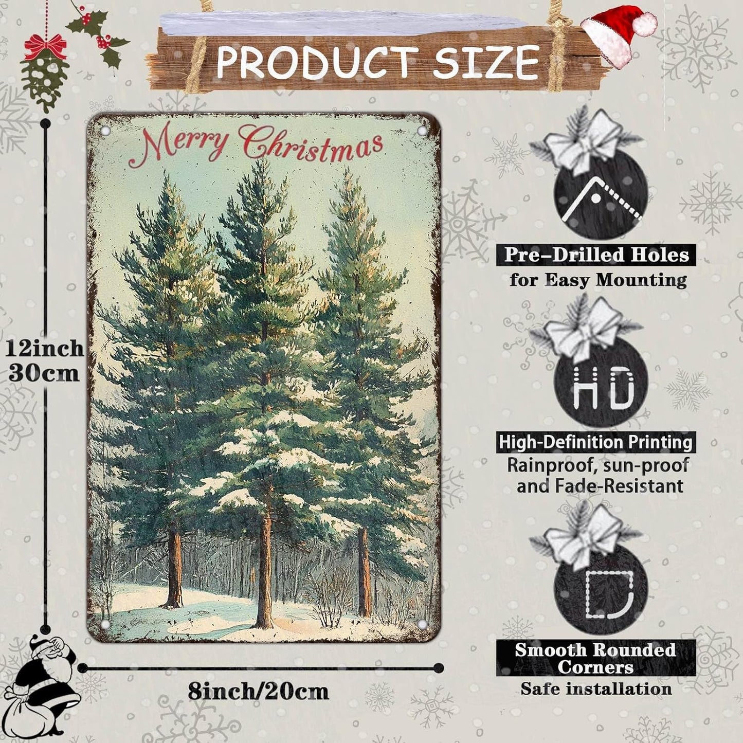 Vintage Christmas Decor Sign Christmas Tree Metal Tin Sign Merry Christmas Retro Tin Sign for Holiday Wall Decor Outdoor Cafe Living Room Bedroom 8x12Inch