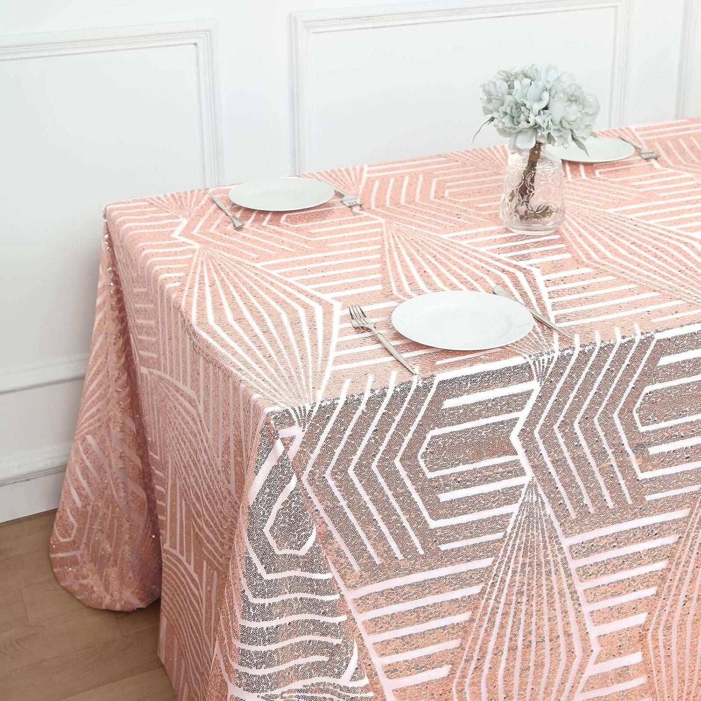 Efavormart 90"X132" Blush Rose Gold Sparkly Sequin Geometric Tulle Rectangular Tablecloth