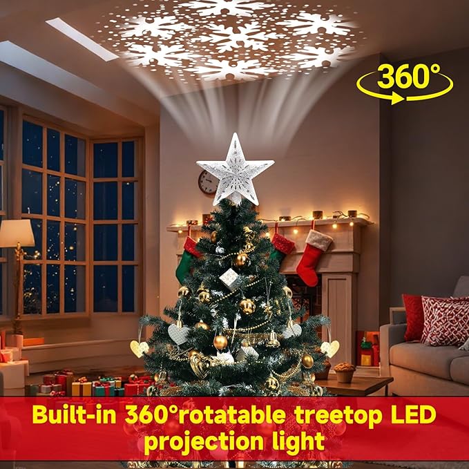 Christmas Tree Topper Star: Lighted with 6 Projected Patterns Snowflake Projector Lights-3D Hollow Glitter LED Magic Rotating Light for Christmas Tree Decorations Ornament Silver