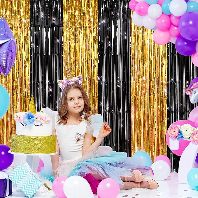 2 Pack Black Gold Metallic Tinsel Foil Fringe Curtains, Door Streamers Photo Booth Backdrop for Birthday Party, Tinsel Curtain Backdrop for Baby Shower Bachelorette Christmas Party Decorations