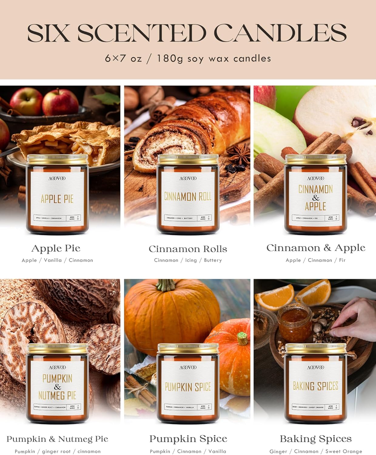 AOOVOO Fall Candles - 6 PC Scented Candle, 42 oz Soy Candles, Soy Candle for Home Scented, Apple Pie/Cinnamon Roll/Cinnamon Apple/Pumpkin Nutmeg Pie/Pumpkin Spice/Baking Spice