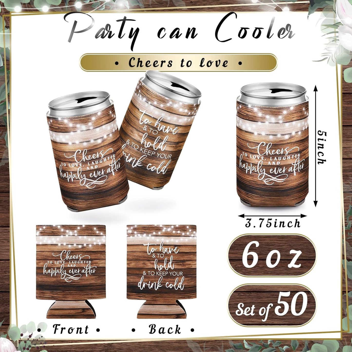 50 Pieces Wedding Can Cooler Bulk Engagement Party Favors for Guests Cheers to Love Laughter and Happily Ever After Rehearsal Dinner Decorations for Wedding Bridal(Wood Grain,Cute)