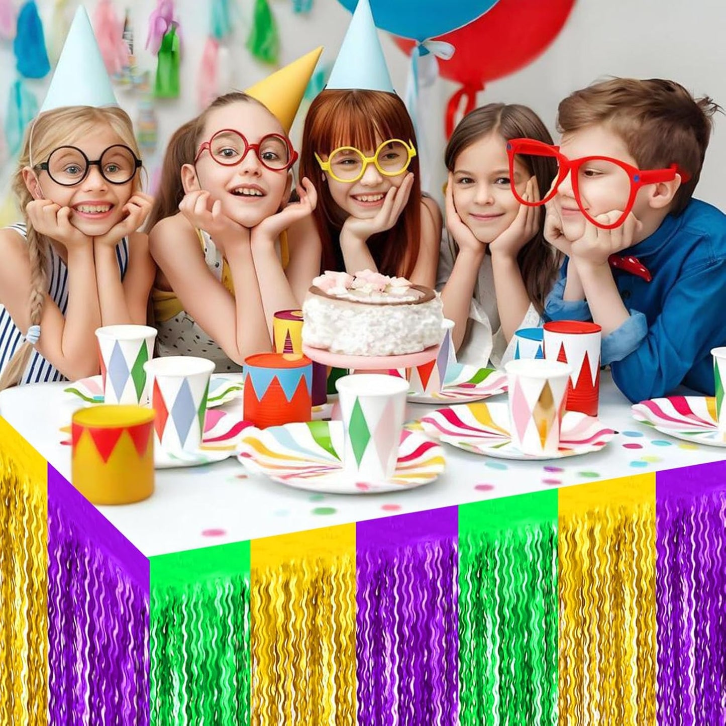 6 Pack 29x108 Inch Gold Green Purple Wave Foil Fringe Table Skirts Metallic Banner for Tinsel Streamer Garland Backdrop for Parade Floats Wedding, Mother's Day, Birthday Mardi Gras Party Decorations