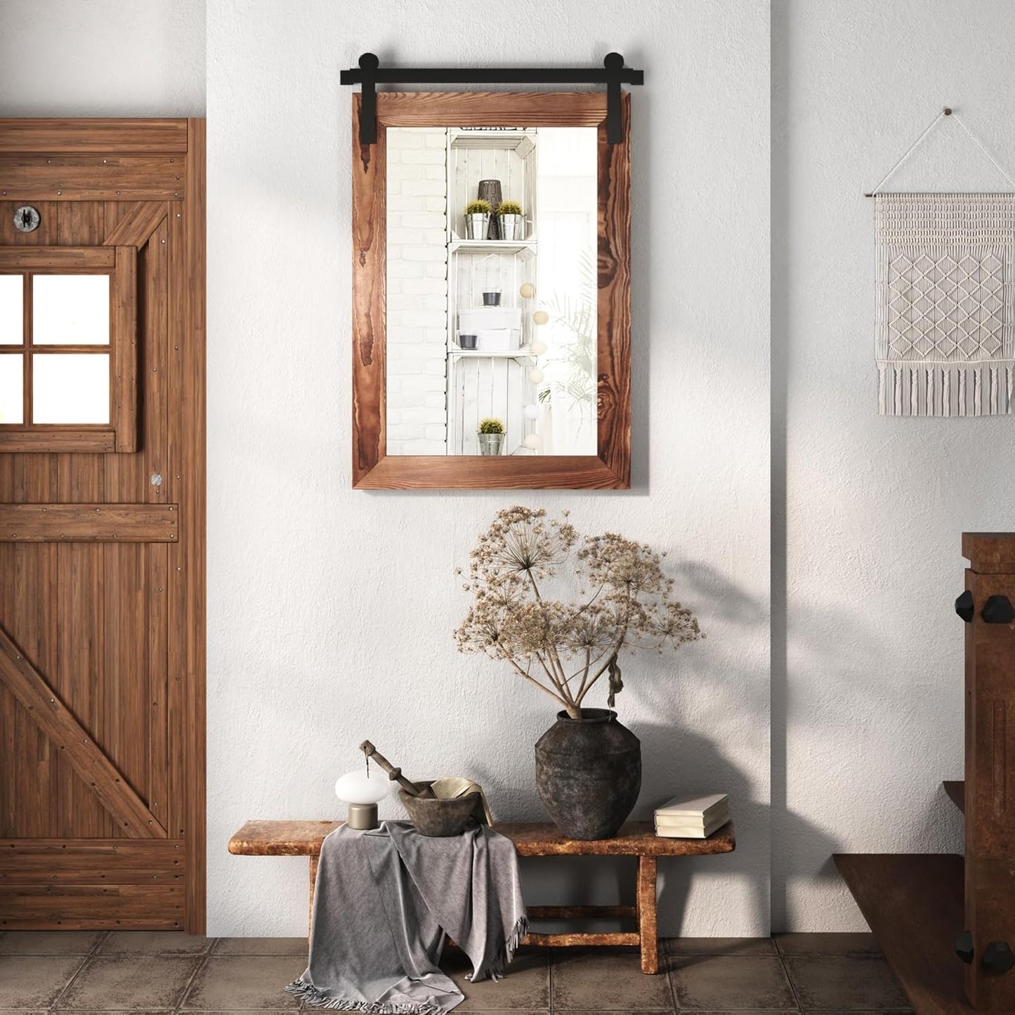 COGOOD Farmhouse Bathroom Mirror - 42 x 29 Rustic Barn Door Style Mirror for Living Room, Entryway, Vanity Wall Decor (Brown)