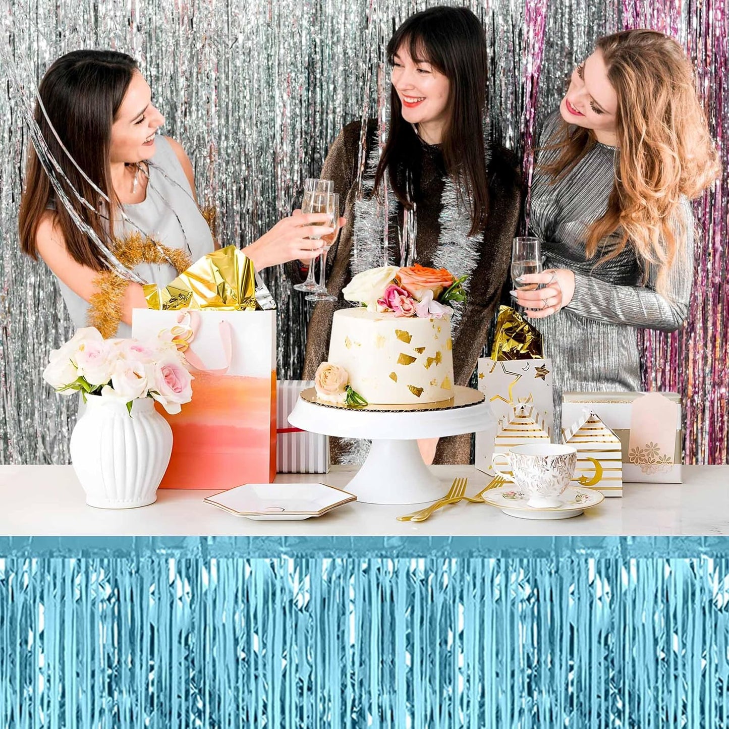 3 Pack 29 x108 Inch Light Blue Foil Fringe Table Skirts Metallic Banner for Tinsel Streamer Garland Backdrop for Parade Floats Mother's Day, Graduate, Birthday, Wedding Party Decoration