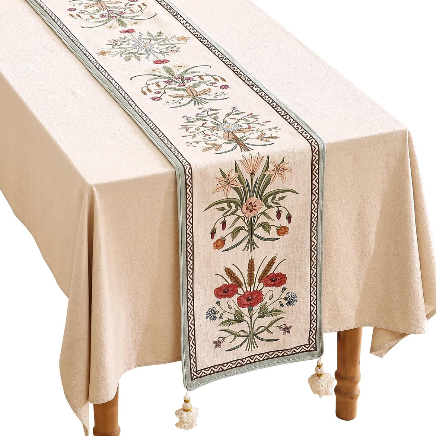 ISAENNE Designer French Country Linen Table Runner 87 Inches Long,Elegant Colorful Floral Pattern Table Runners for Dining Tables,Thanksgiving,Christmas,Kitchen Decor,12"*87"-Serenity F