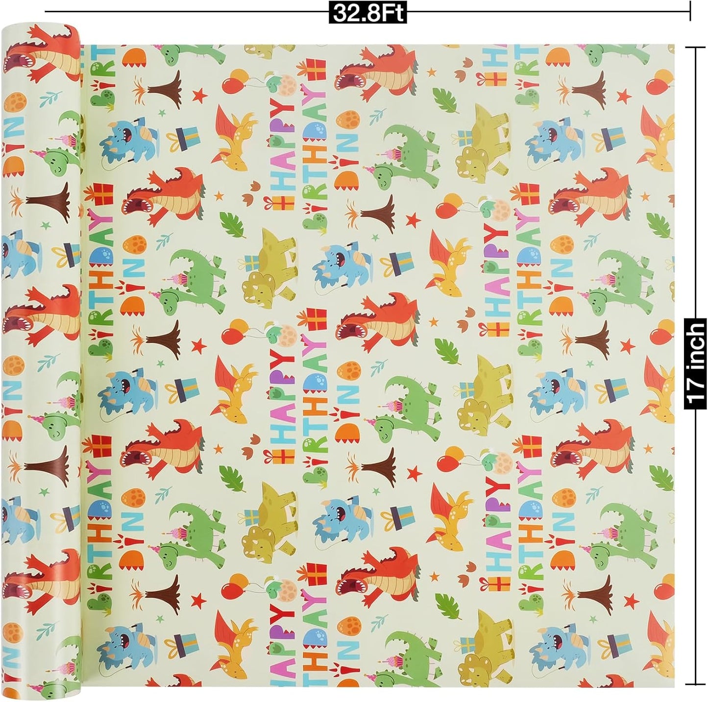 Aimyoo Dinosaur Birthday Wrapping Paper Roll - 17 Inch X 32.8 Feet - Green Happy Birthday Dino Pattern Gift Wrap Paper for Boys Party, Baby Shower, Holiday