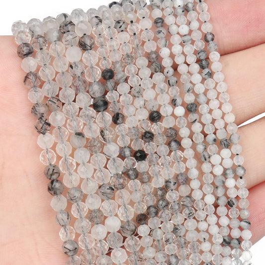 Song Xi 180pcs 2mm Natural Black Rutilated Quartz Gemstone Beads Faceted Round Loose Stone Beads for Jewelry Making