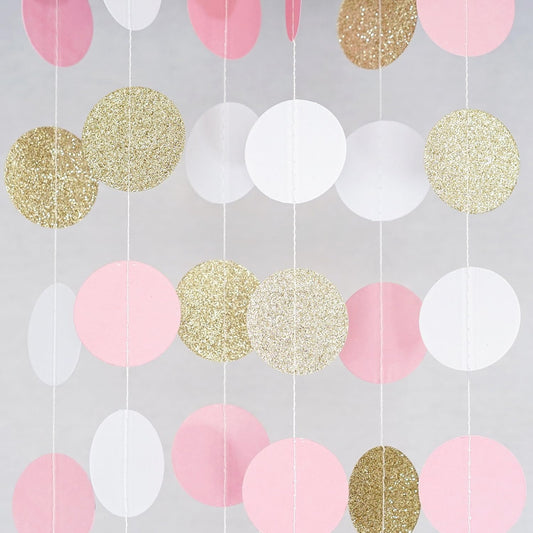 Chloe Elizabeth Circle Dots Paper Party Garland Streamer Backdrop (10 Feet Long) - Pink, White, Gold Glitter