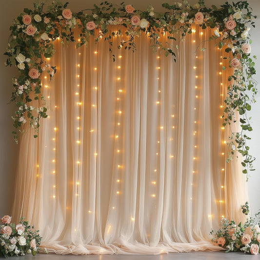 Champagne Tulle Backdrop Curtain with Lights String - 10x10ft Sheer Backdrop with 300 LEDs for Wedding, Baby Shower, Bridal Shower, Birthday Party Photo Shoot Background and Home Decorations