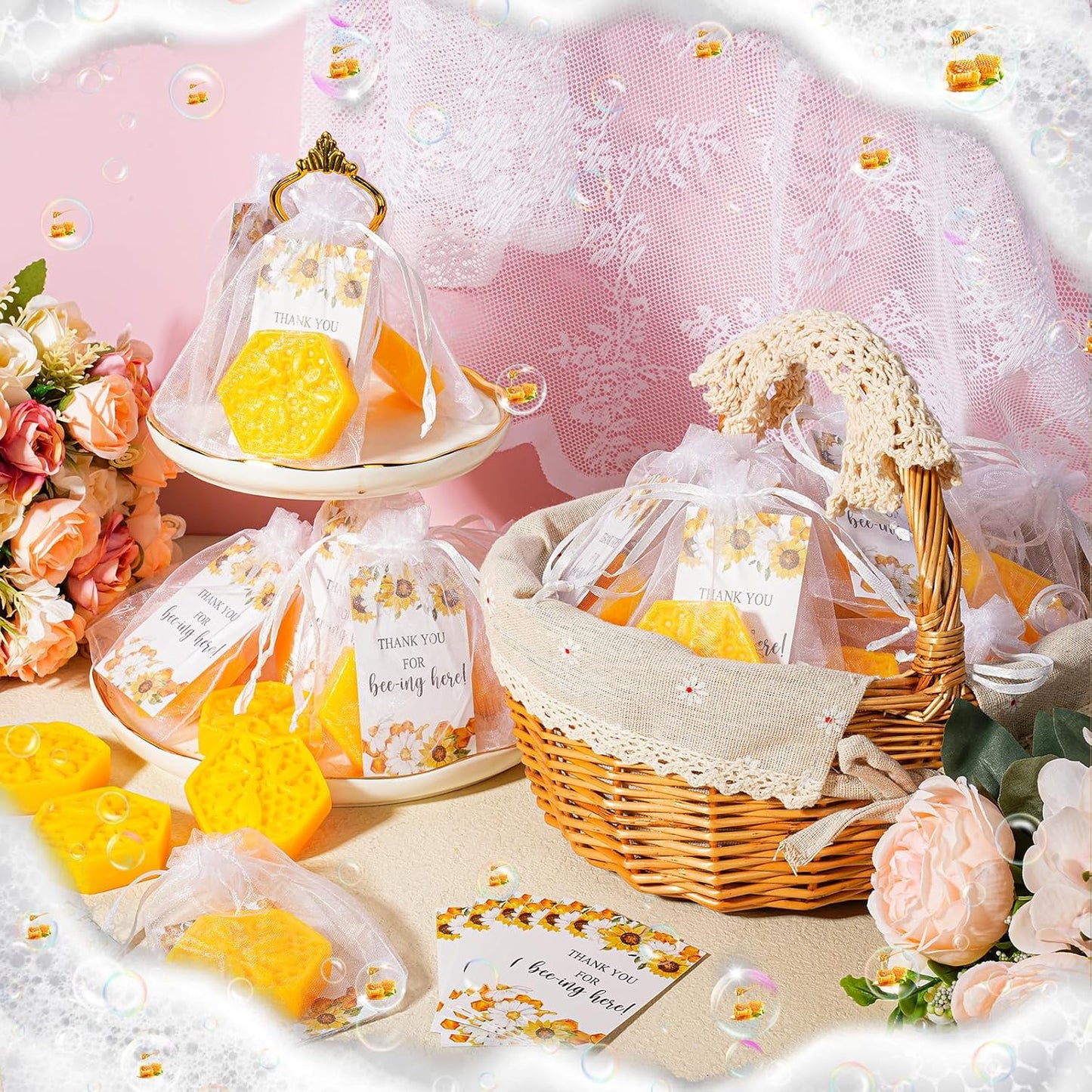 Demissle 25 Set Bee Themed Baby Shower Favors Including Honeycomb Soap with Thank You Card Gift Bags Honey Soap Gift for Guest Gender Reveal Party Decorations Baby Shower Game Prizes