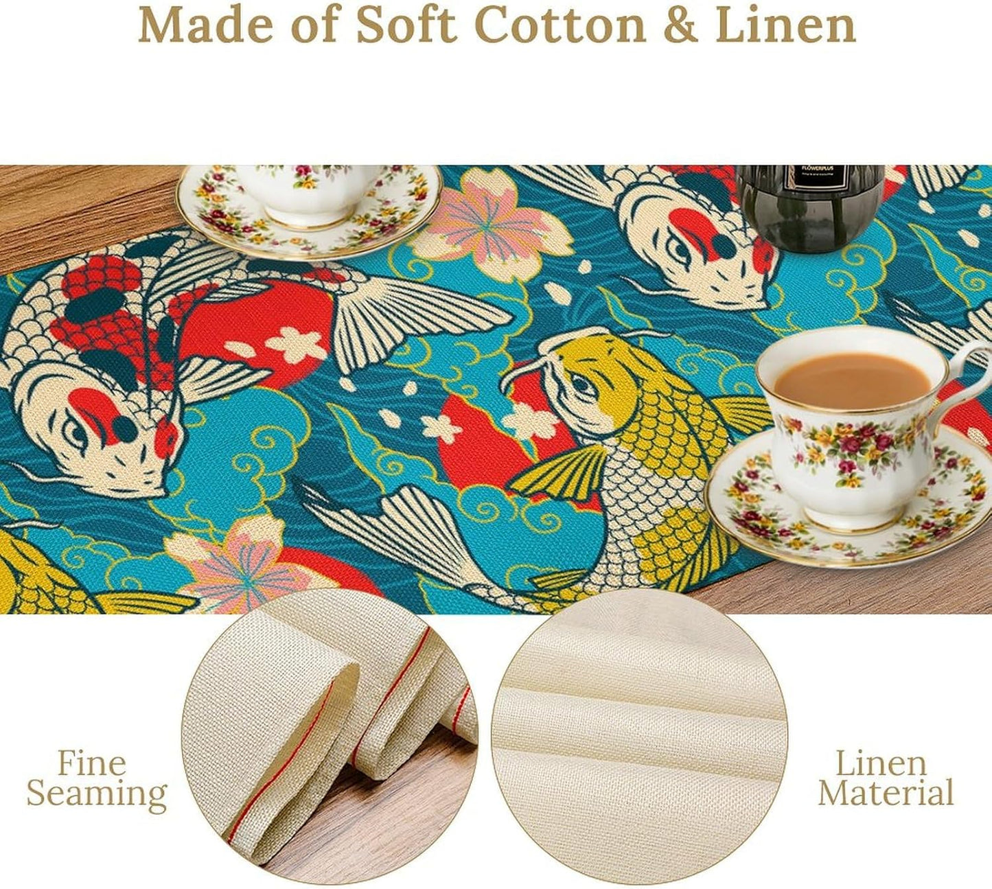 Japanese Kio Fish Table Runner Oriental Tradition Cherry Art Printed Burlap Runner Home Kitchen Dining Table Living Room Decor Fabric 1 Panel W13xL90in