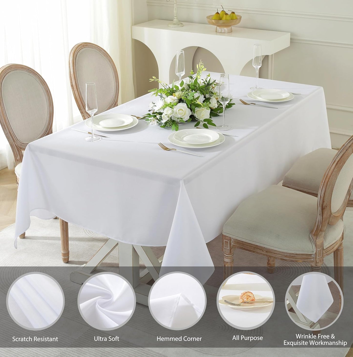 Craft And Party Rectangle Tablecloth, 60 x 102 Inch White Tablecloth, 6ft Rectangle Table Cloth, Polyester Fabric Washable Tablecloth for Home, Party, Wedding or Restaurant Use.