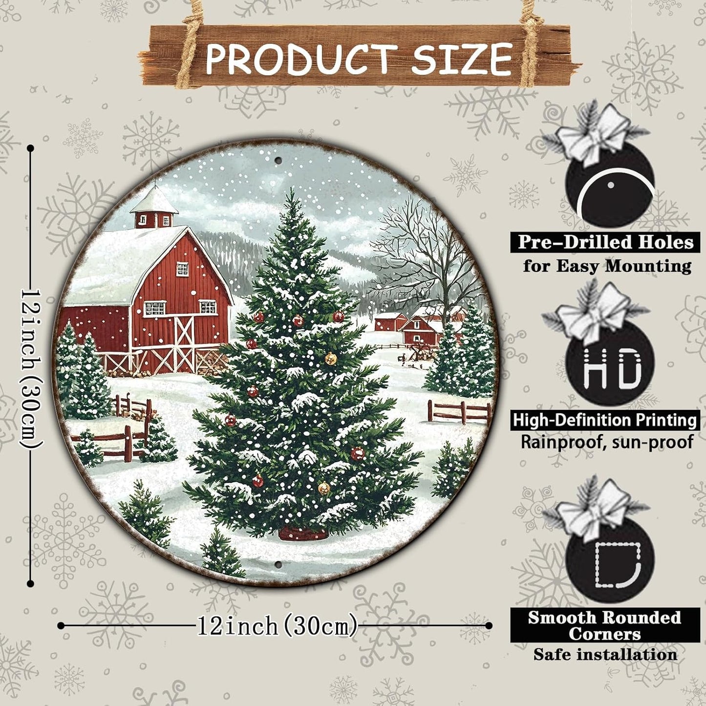 Round Christmas Trees Barn Metal Tin Sign Christmas Vintage Tin Sign for Kitchen Cafe Bar Farmhouse Home Wall Decor Art Winter Decoration 12 * 12 in