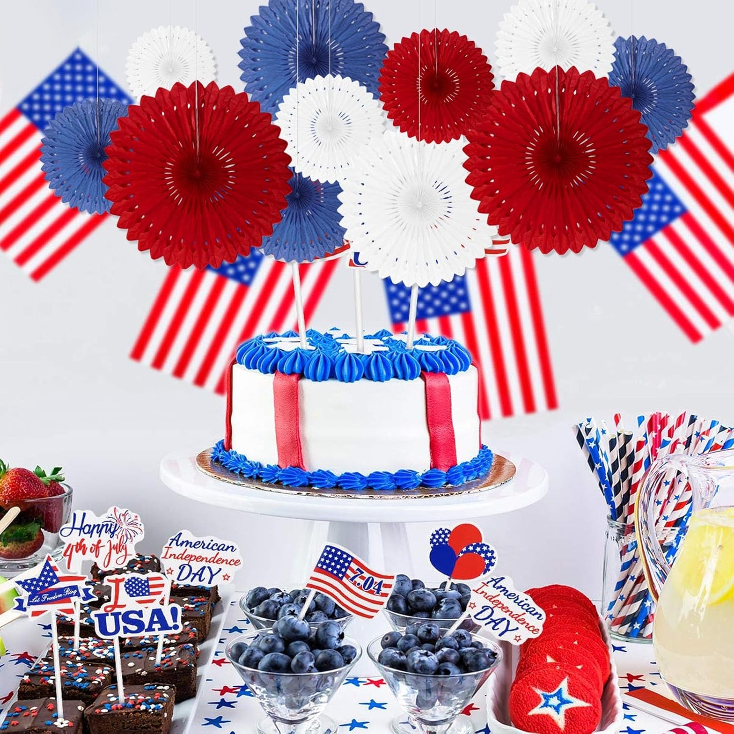 18 Pcs Red White Blue Hanging Paper Fan, Hanging Honeycomb Round Paper Fans for Weddings, Birthdays, Independence Day, Classroom, Events Ceiling Party Supplies Decorations