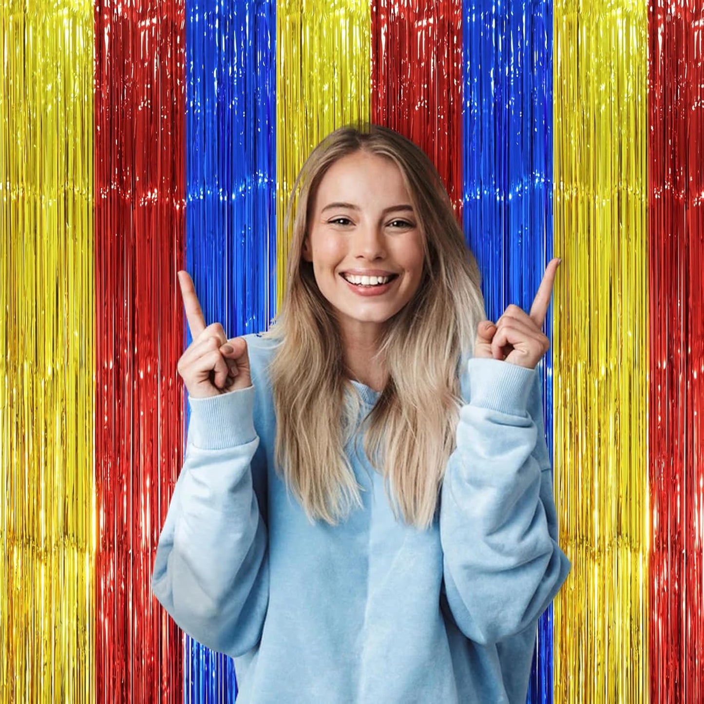 2 Pack Blue Red Gold Foil Fringe Backdrop Curtains, Tinsel Streamers Party Decorations, Fringe Backdrop, Door Shimmer for Birthday Party